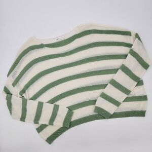 Makk Fashions Womens M Green White Stripe Long Sleeve Open Knit Beach Sweater